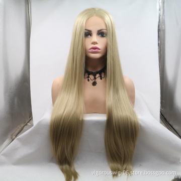 Vigorous mono long blonde premium high quality straight wholesale black women synthetic hair wigs with lace front